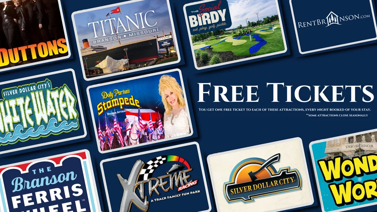 This image shows a collection of attraction tickets with colorful logos and textual details, evoking the excitement of visiting local entertainment venues like Silver Dollar City and other Branson attractions. It visually represents the promise of free tickets and family outings mentioned in the section.